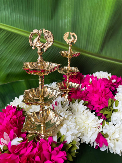 Mayil Brass Oil Lamp (3-Tier Ornate Kuthu Vilakku)