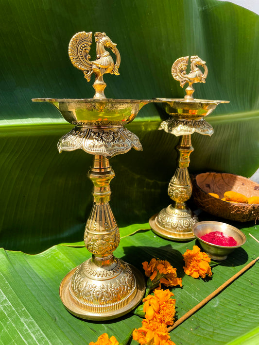Mayilmani – Handcrafted Brass Kuthu Vilakku with Peacock Finial